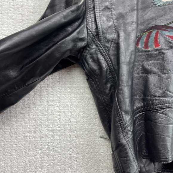 VTG Albert Montreal Leather Black Biker Jacket Coat Eagles American Flag USA REA - Picture 14 of 16